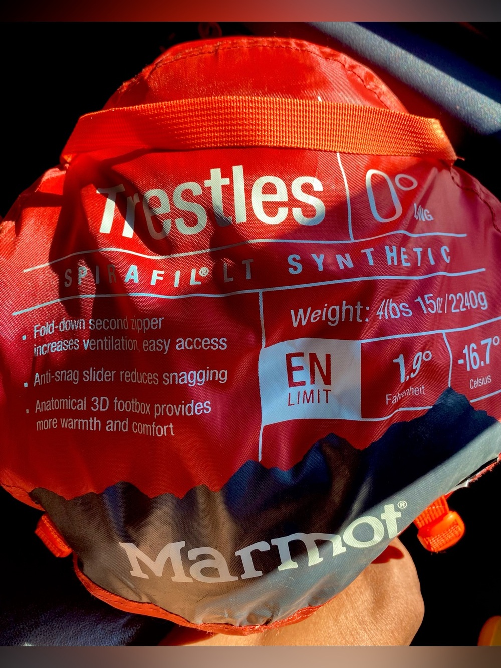Marmot Sleeping Bag Trestles 0 Degree Synthetic Orange Size Long W/Sack
